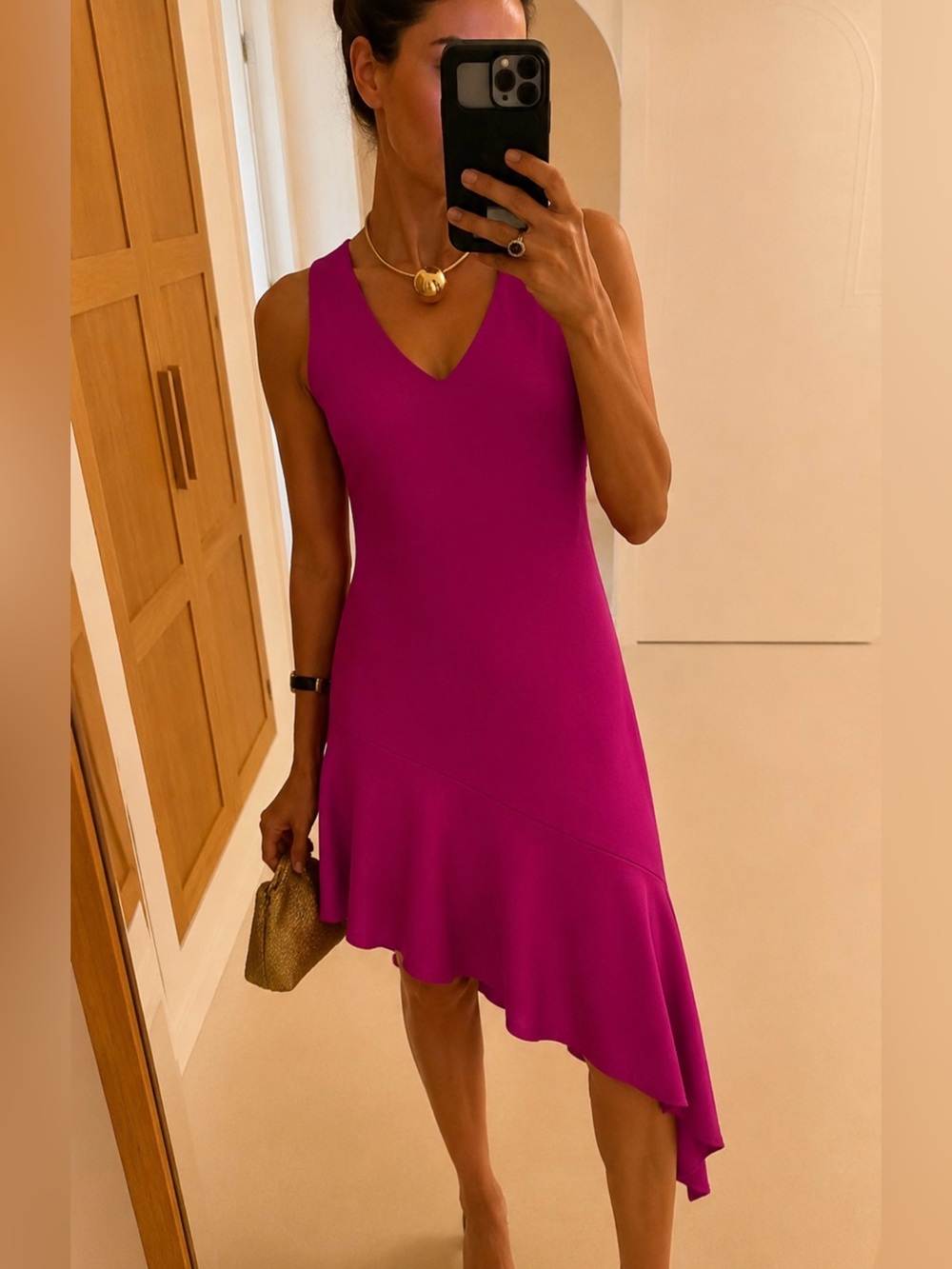 Susana Monaco Fuchsia Pink V-Neck Dress Asymmetrical Ruffle Midi XS